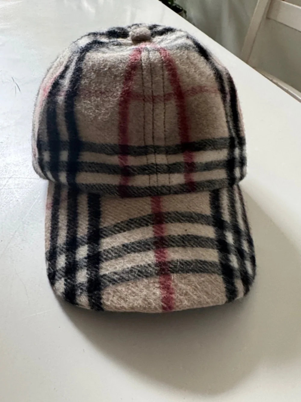 Burberry London 100% Cashmere Beige Plaid Cap with Black and Red Checks